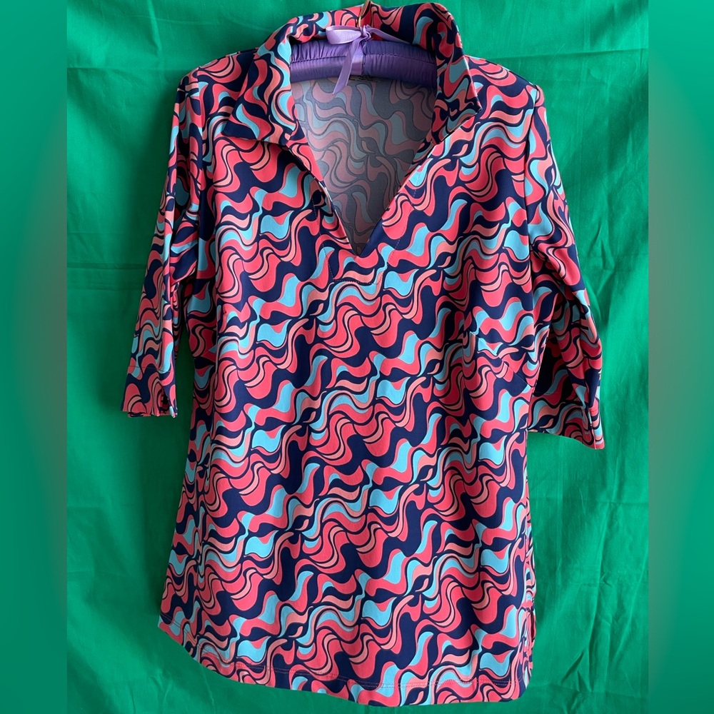 KATHERINE WAY Wavy Print Tunic Collared V-neck 3/4 sleeves side slits Size L